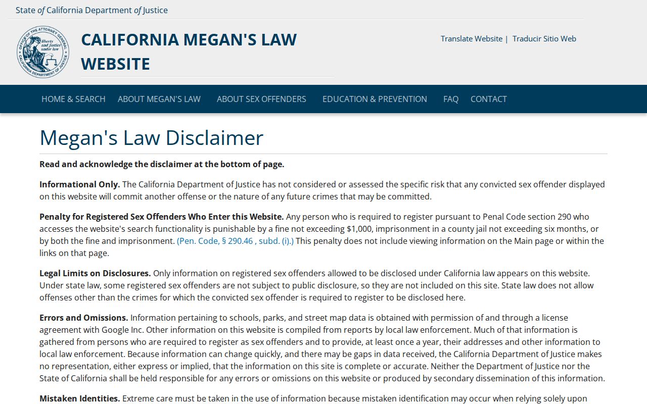 Seaside residents directory reference to California Megan's Law public search