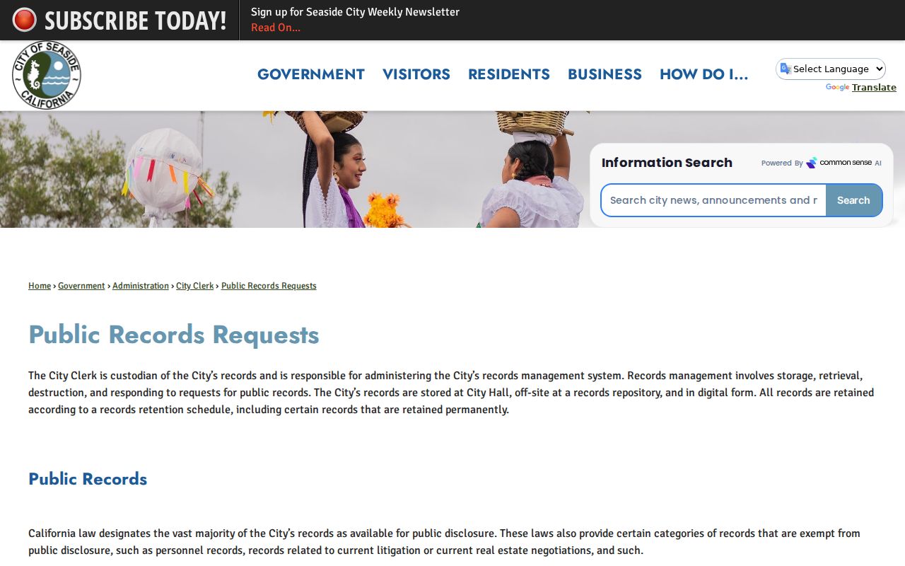 Seaside residents directory view of the city public-records request portal