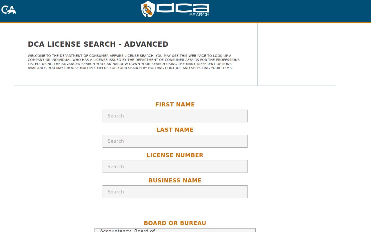 Seaside resident lookup view of California professional license search