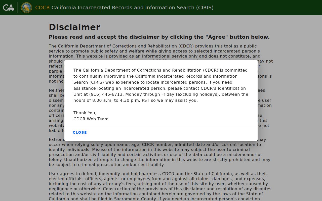 Seaside resident lookup view of California CDCR CIRIS locator