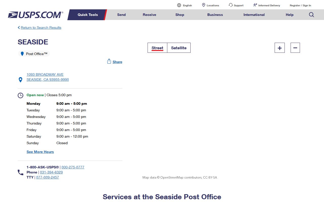 Seaside ZIP code directory reference showing the Seaside Post Office